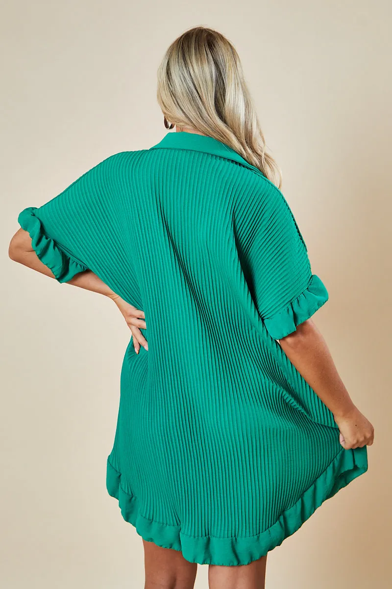 Green Plisse Detail Frill Hem Oversized Dress - Sakura
